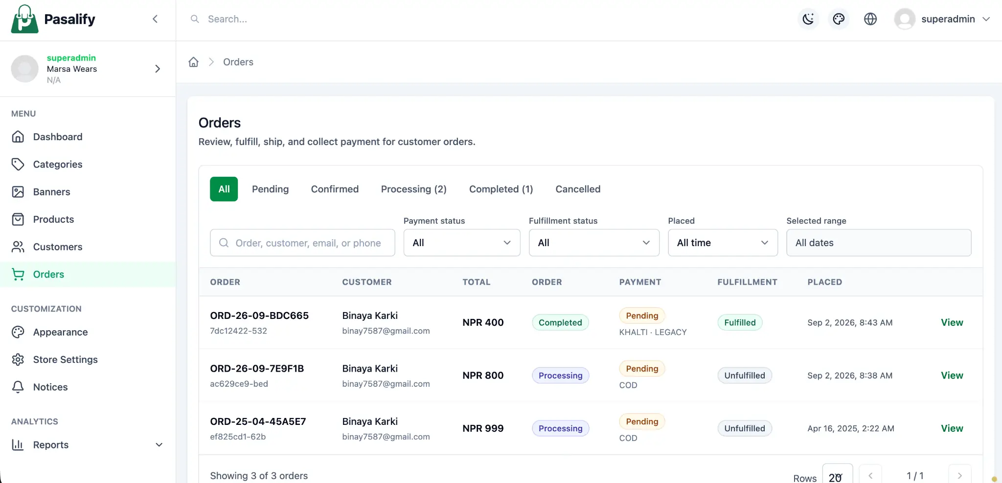 Pasalify customer cart and order records preview